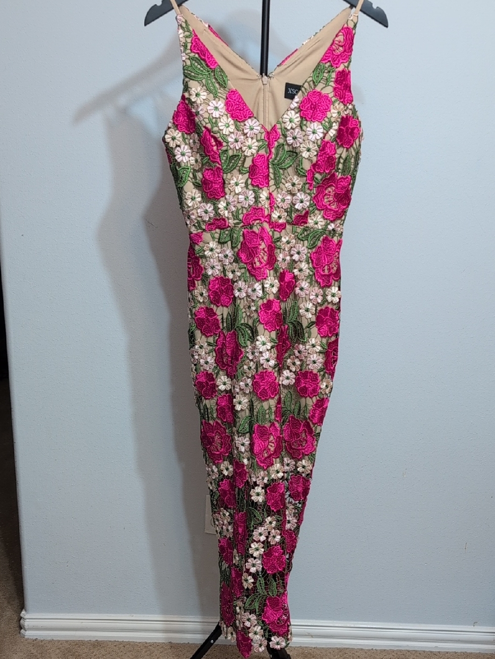 XS Floral Embroidered Maxi Dress in Hot Pink